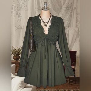 SHEIN Olive Green Lace-Trim Long Sleeve Midi Dress